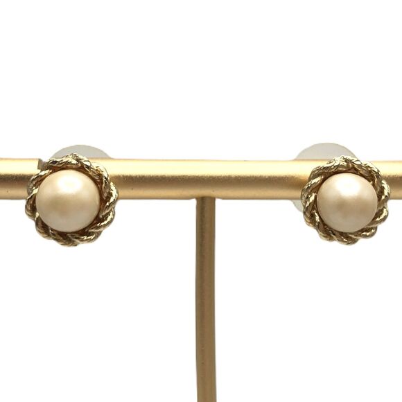 Vintage Round Opal Earrings Gold Tone Braided Studs - Picture 1 of 4